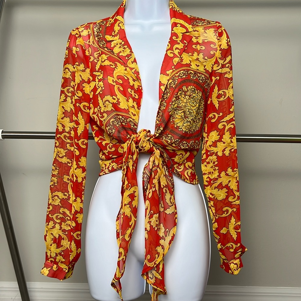 Nasty Gal Sheer Baroque Print Tie-Front Blouse